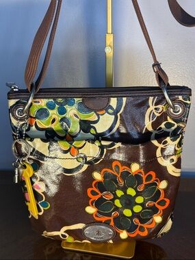 Fossil Women's Brown Floral Crossbody Bag in Brown with Orange Accents